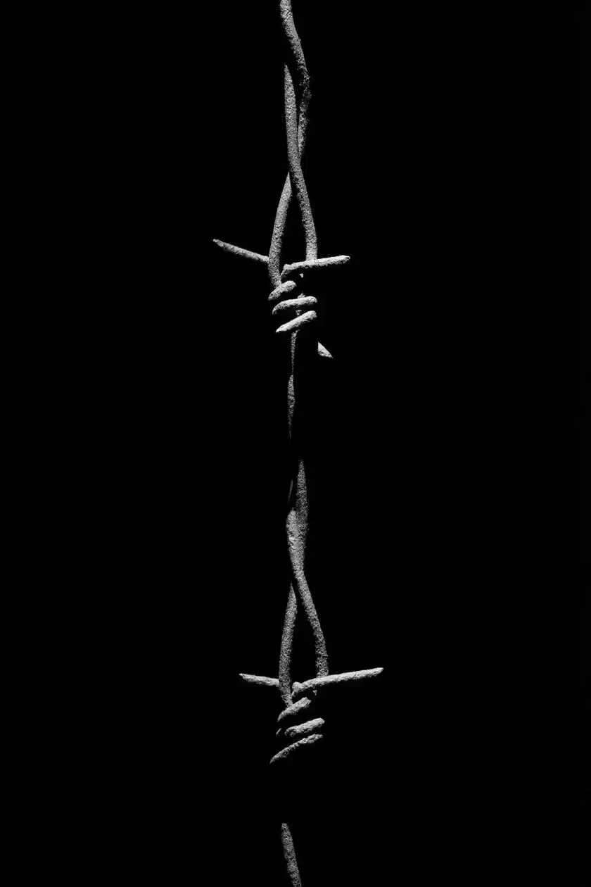 A string of barbed wire in a black background